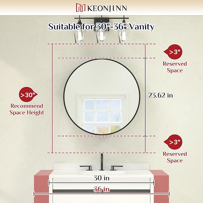 Keonjinn 24" x 24" Round Medicine Cabinet Mirror, Brushed Nickel Mirror Medicine Cabinet Wall Mounted, Circular Medicine Cabinets with Mirrors, Circle Framed Vanity Mirror with Storage | Metal Wall Mount Medicine Cabinet for Bathroom, Shatter-proof, Ad...