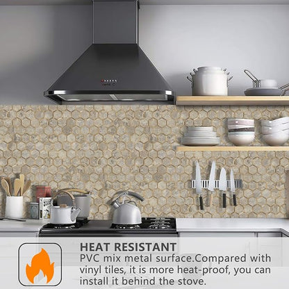 STICKGOO Hexagon Peel and Stick Backsplash Tile, Stick on Backsplash for Kitchen and Bathroom, Stone Beige PVC Mixed Metal Gold Self Adhesive Wall Tiles(10 Sheets, Seamless)