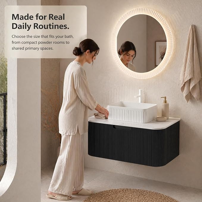 36 Inch Bathroom Vanity with Sink, Floating Wall Mounted Single Sink Vanity, Black Curved Fluted Front, Stone Top, White Textured Rectangular Vessel Basin, Pre-Assembled