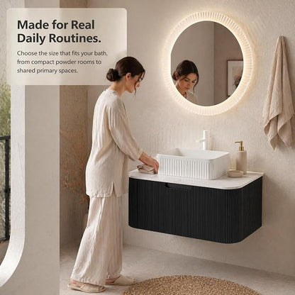 36 Inch Bathroom Vanity with Sink, Floating Wall Mounted Single Sink Vanity, Black Curved Fluted Front, Stone Top, White Textured Rectangular Vessel Basin, Pre-Assembled