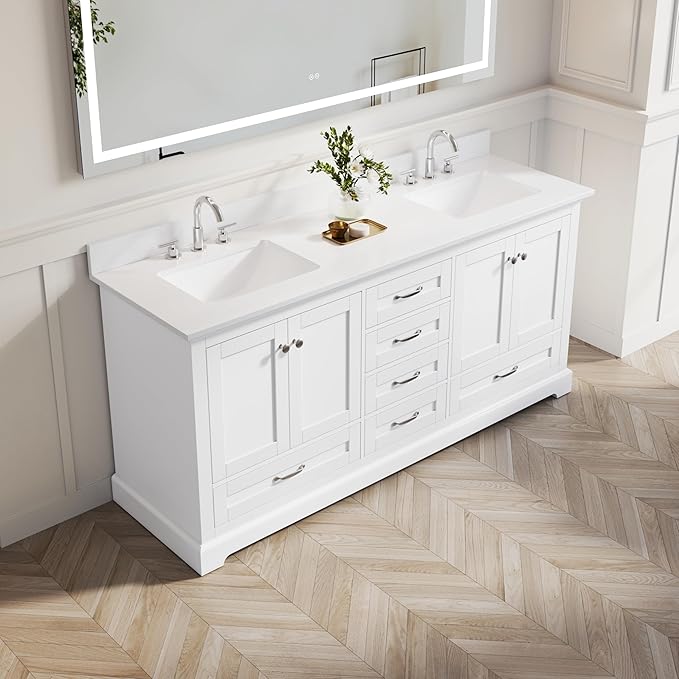 WELLFOR 72 Inch Bathroom Vanity with Double Sinks, Solid Wood Bathroom Vanity W/4 Soft-Close Doors and 6 Drawers, Cultured Marble Countertop Bathroom Vanities W/Two Sinks (White)