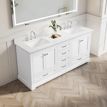 WELLFOR 72 Inch Bathroom Vanity with Double Sinks, Solid Wood Bathroom Vanity W/4 Soft-Close Doors and 6 Drawers, Cultured Marble Countertop Bathroom Vanities W/Two Sinks (White)