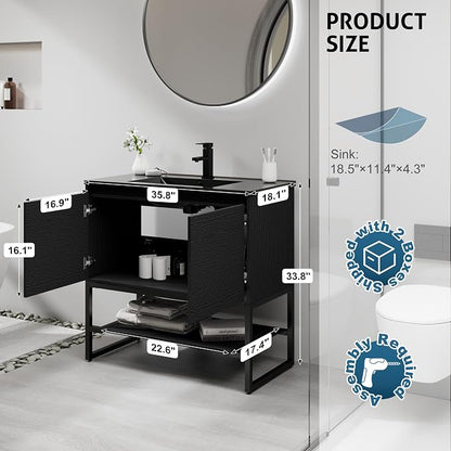 LUCKWIND 36" Modern Bathroom Vanity with Single Black Sink Combo, Freestanding Storage Cabinet with Metal Frame, Water-Saving Faucet and Open Shelf and 2 Soft-Closing Door, Black