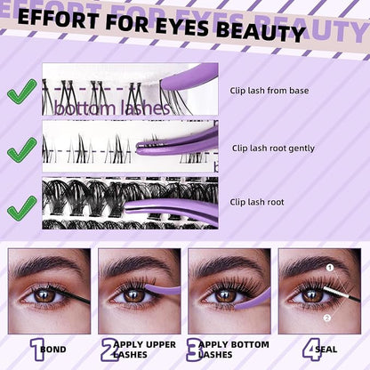 B&Qaugen Eyelash Extension Kit with Bottom Lash Extension 10-18mm 50D D Curl Lash Clusters Kit with Bottom Lashes DIY Lash Extension Kit Bond and Seal Lash Applicator (Kit-50D-D-MIX10-18)
