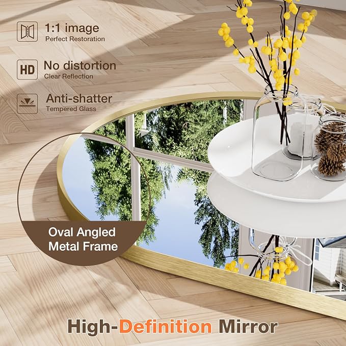 16"x24" Brushed Gold Oval Bathroom Mirror for Over Sink, Vanity Mirror | Aluminum Alloy Frame, Clear Reflection, Rust-Resistant, Vertical or Horizontal, Wall Mount, Bedroom and Entryway