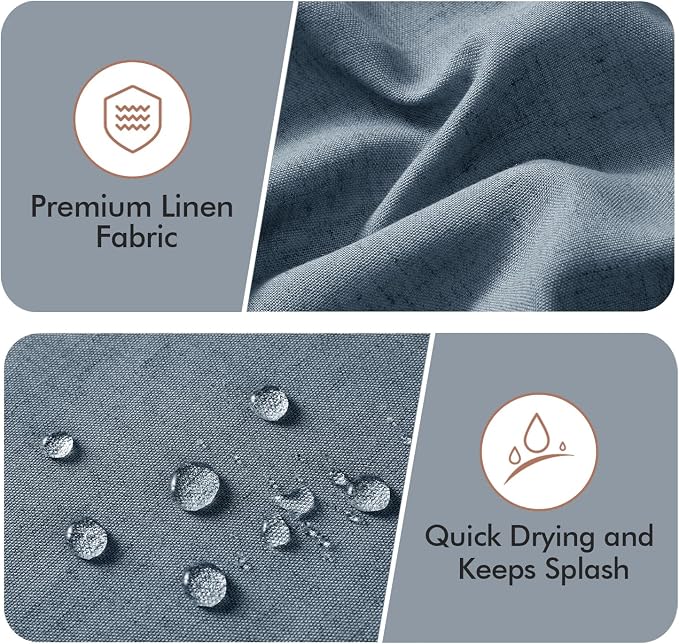 MIULEE 84" Long Dusty Blue Scalloped Linen Shower Curtain 72W x 84L | 12 metal hooks, Linen scalloped, waterproof washable, thick heavy cloth, black border, boho farmhouse, bathroom hotel use