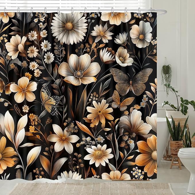GOAOK Retro Rustic Floral Shower Curtain Boho Black and Gold Bathroom Decor, Vintage Dark Flowers Wildflower Plant Farmhouse Shower Curtain with Hooks Cute Aesthetic Bathroom Accessories Set, 72X72
