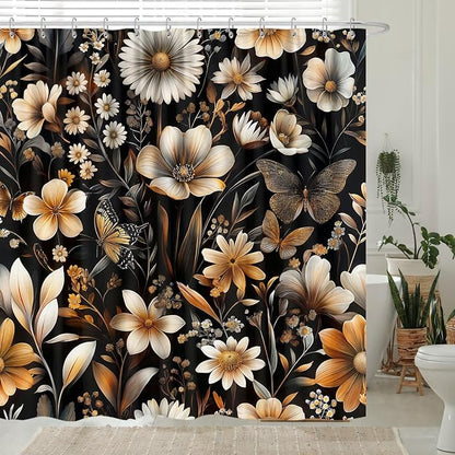 GOAOK Retro Rustic Floral Shower Curtain Boho Black and Gold Bathroom Decor, Vintage Dark Flowers Wildflower Plant Farmhouse Shower Curtain with Hooks Cute Aesthetic Bathroom Accessories Set, 72X72