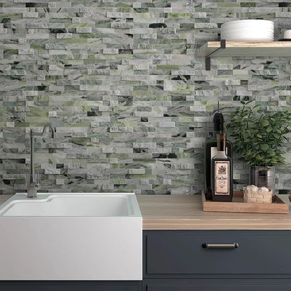 SUNWINGS 5-Sheet Peel and Stick Mosaic Natural 3D Stone Self Adhesive Marble Tiles, 11.5" x 10.7" Stick on Backsplash for Kitchen Bathroom Fireplace Vanity, Emerald Green