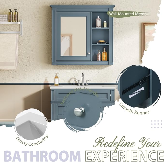 Merax 30 Inch Bathroom Vanity with Sink Set, Modern Bathroom Vanity Storage Cabinet with Matching Mirror Medicine Cabinet, Solid Wood Frame，Painted Finish, 2 Drawers and 1 Tip-Out Drawer, Indigo