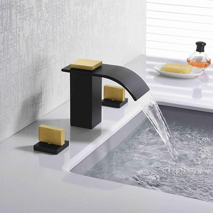 SUMERAIN 8" Widespread Bathroom Faucet 3 Hole Waterfall Basin Faucet Black and Gold Finish