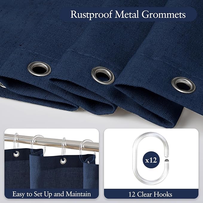 Linen Scallop Shower Curtain with 12 Hooks, Waterproof, 72x72, Navy Blue | Waterproof Heavy Duty Thick Fabric with Black Border, Minimalist Neutral Boho Farmhouse Bathroom Décor