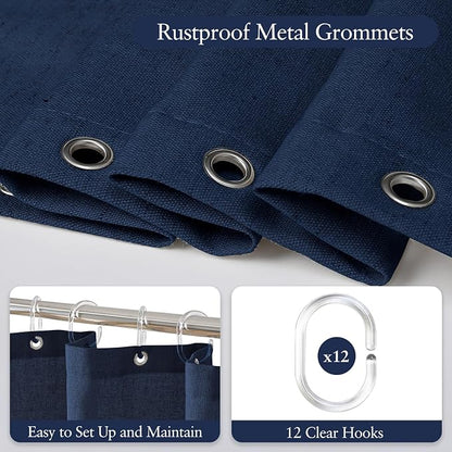 Linen Scallop Shower Curtain with 12 Hooks, Waterproof, 72x72, Navy Blue | Waterproof Heavy Duty Thick Fabric with Black Border, Minimalist Neutral Boho Farmhouse Bathroom Décor