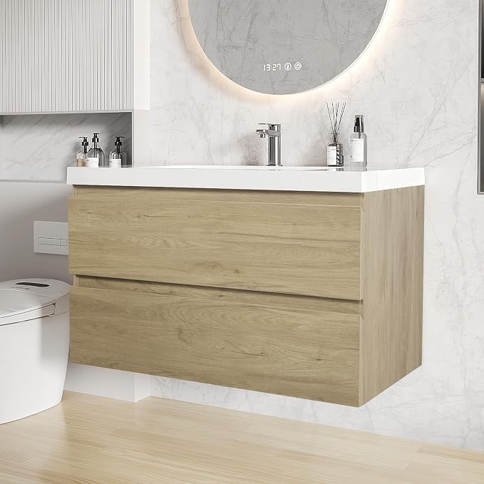 36 Inch Floating Bathroom Vanity with Sink, Large Storage Wall Mounted Floating Vanity with Soft Close Drawers, One-Piece Basin Bathroom Sink Cabinet (Natural Oak, 36")