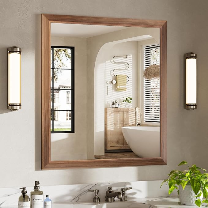 36x32 Inch Bathroom Mirror for Wall, Anti-Rust Walnut Wood Grain Metal Framed Bathroom Mirrors for Over Sink,Rectangler Mirrors for Bathroom Vanity, Farmhouse, Bedroom, Living Room, Entryway Decor