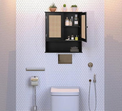ZYBT Bathroom Medicine Cabinet Wall Mounted,Black Rattan Storage Towel Cabinet for Bathroom Storage Over The Toilet, Floating Hanging Cabinet for Small Spaces Kitchen Laundry Living Room