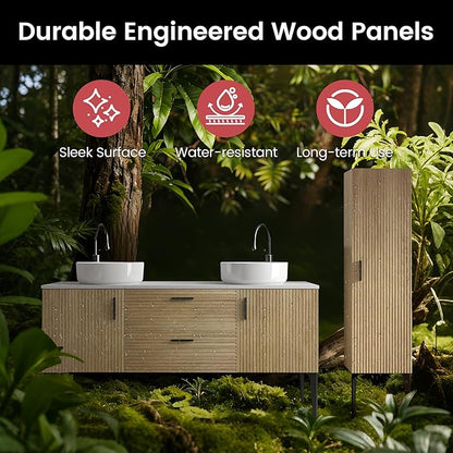 60" Bathroom Vanity with Double Sink and Side Cabinet Combo Set, Modern Double Ceramic Vessel Sink Bathroom Vanity with Soft-Close Drawers & Doors, Engineered Stone Countertop, Natural Oak