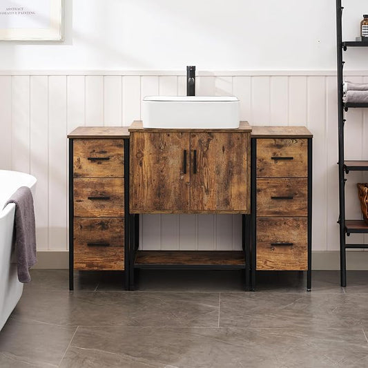 UEV 48" Rustic Brown Bathroom Vanity with Sink Combo,Industrial Iron Frame Bathroom Cabinet Sets with Double 3 Drawers Side Cabinet,Modern Artistic Ceramic Vessel Sink(031WH)