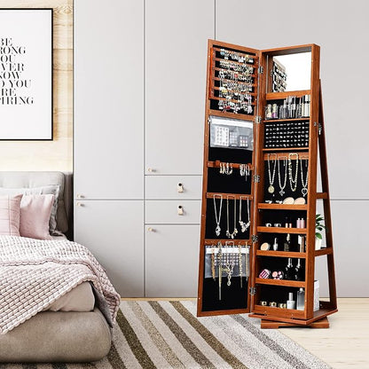 COSTWAY 360 Rotating Jewelry Armoire Cabinet, Standing Jewelry Organizer w/Full-Length Mirror & Large Storage Space, Lockable Mirror Jewelry Cabinet for Girls Women (Walnut)