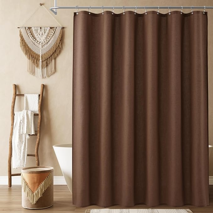 Caramel Brown Linen Shower Curtain, Country Boho Farmhouse Bath Decor Shower Curtains Neutral Cloth Weighted Textured Fabric Bath Curtain Liner with Hooks, 72x84