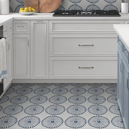 16-Sheet Peel and Stick Floor and Wall Tile, 9" x 9" Blue Stone Composite Self Adhesive Vinyl Flooring, Patterned Flower Groutable Backsplash Tile for Kitchen Bathroom Shower
