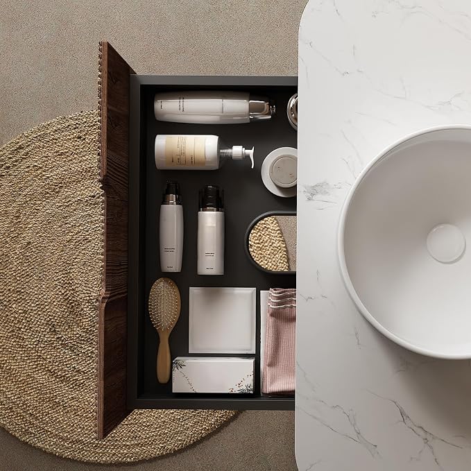 30" Modern Floating Bathroom Vanity with Sink, Dark Walnut | Plywood Cabinet, Single Sink, Doubel Sink, Ceramic Basin & Marble Countertop, Pre-Assembled