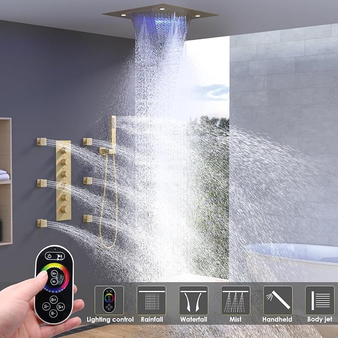 Enga Thermostatic Shower System with Body Jets, 20-Inch LED Rainfall Mist Waterfall Luxury Multi Function Rain Shower Faucet Set, All Functions Can Operate Simultaneously, Brushed Gold