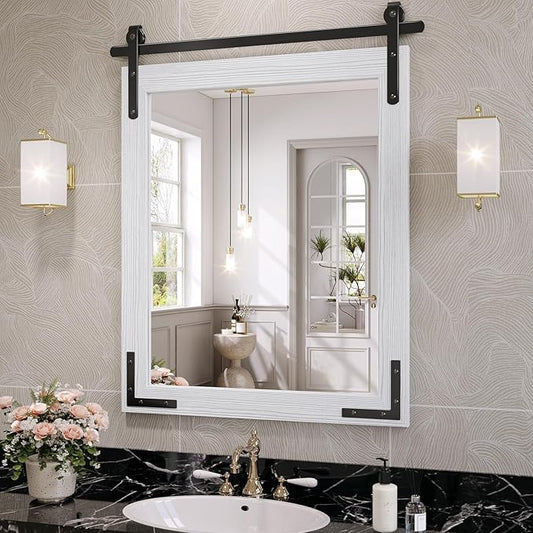 Farmhouse Bathroom Mirror, 28x32 Inch White Vanity Mirror for Wall, Wood Framed Rustic Mirror Rectangular Wall Decor Mirrors for Entryway Living Room Bedroom