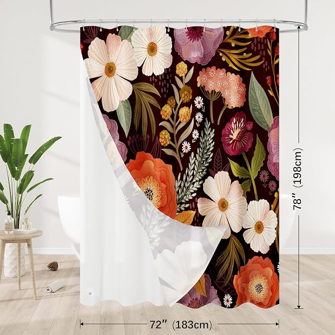 3 in 1 Boho Purple Shower Curtain Set with PEVA Liner & 12 Hooks, 72 x 78 | Boho Tropical Botanical Style, Farmhouse Floral Fabric, Modern Hotel Inspired, Water‑Repellent, Machine Washable