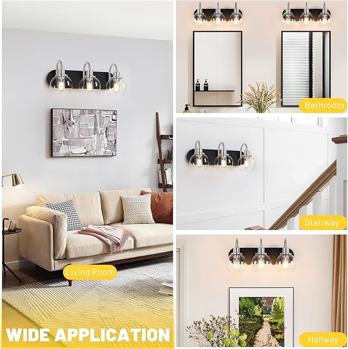 Modern 3-Light Vanity Light, Bathroom Lighting Fixture Over Mirror With Clear Glass Shade and Metal Base, Matte Black and Brushed Nickel