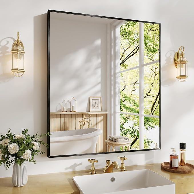 Koonmi Bathroom Mirror for Wall, 28"x32" Black Bathroom Mirror for Over Sink, Shatterproof Tempered Glass Vanity Mirror with Anti-Rust Aluminum Alloy Frame, Hang Horizontally or Vertically