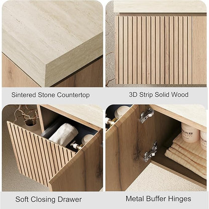 48" Bathroom Vanity with Sink, Roma Travertine-Pattern Countertop and 3 Pre-drilled Faucet Holes Ceramic Basin, Wall Mounted Bathroom Vanities with Drawer and 2 Doors, Pre-Assembled, Light Wooden