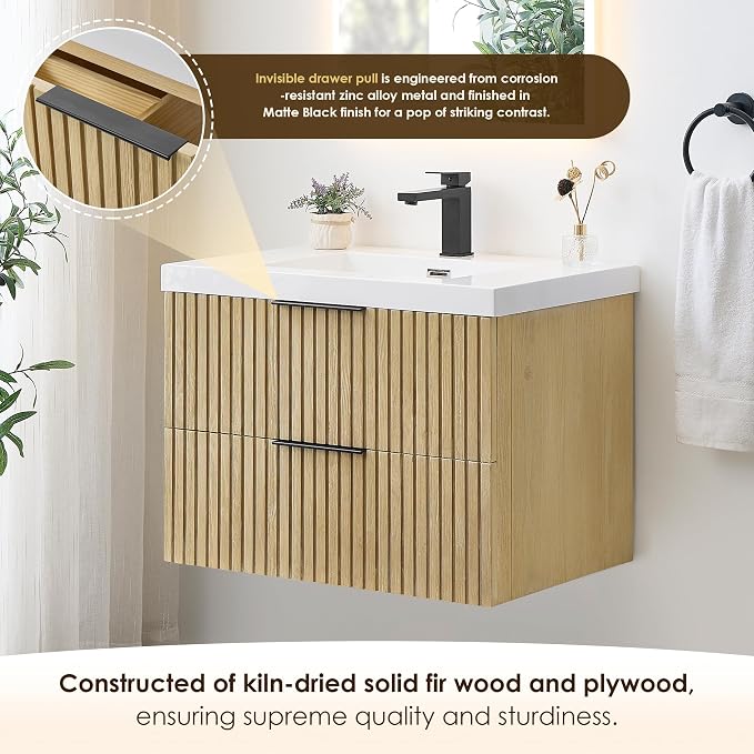 30 Inch Floating Sink Bathroom Vanity Wall Mount Single Vanities with Top | Pre-Assembled, Sturdy Solid Wood, Modern Vanity, Ceramic Sink, Large Storage Cabinet, Soft Closing Doors, Dovetail Drawers