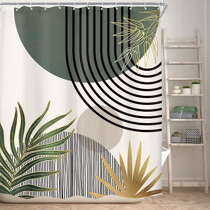 Mid Century Dark Green Boho Abstract Modern Bathroom Shower Curtain Set | 60Wx72L Gold design, waterproof HD print with fast-drying fabric and 12 hooks.