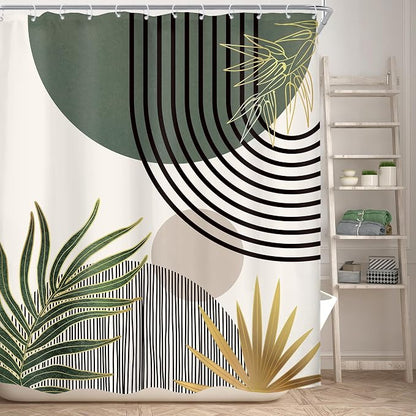 Mid Century Dark Green Boho Abstract Modern Bathroom Shower Curtain Set | 60Wx72L Gold design, waterproof HD print with fast-drying fabric and 12 hooks.