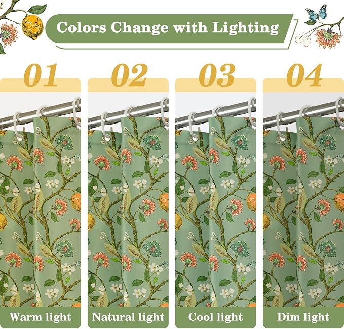 Green Floral Bird Shower Curtain 72x84, Hummingbird and Lemon Botanical Fabric Bath Curtains, Lightweight Quick-Dry Bathroom Decor Set with Hooks