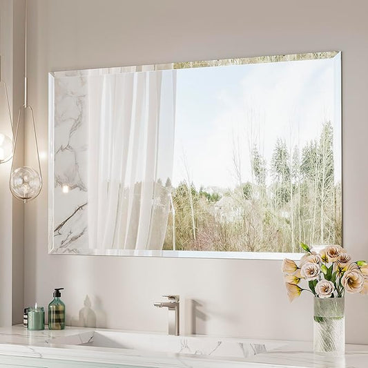 Keonjinn 48 x 30 Inch Bathroom Mirror Beveled, Rectangle Frameless Mirrors for Over Sink, Shatterproof, Modern Decorative for Living Room, Entryway, Bedroom, Horizontal/Vertical