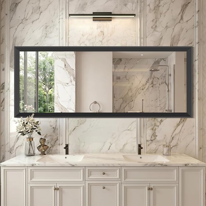 DESBING Large Bathroom Mirror for Over Sink, 60” x 24” Black Rectangle Bathroom Mirrors for Double Vanity, Metal Ribbed Textured Framed Wall Mirror for Bathroom, Living Room, Bedroom,Dressing Room