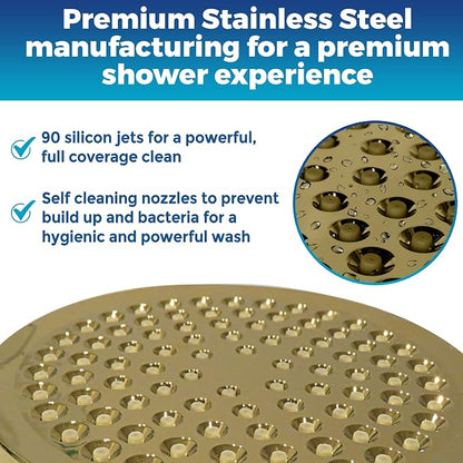 CircleSplash Shower Head - High Pressure 2.5 GPM - Gold | Anti-clog silicone nozzles, removable restrictor, easy-clean fixed replacement