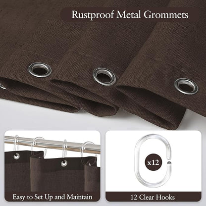 Linen Scallop Shower Curtain with 12 Clear Hooks, Waterproof, 72x72, Brown | Waterproof Heavy Duty Thick Fabric with Black Border, Minimalist Neutral Boho Farmhouse Bathroom Décor