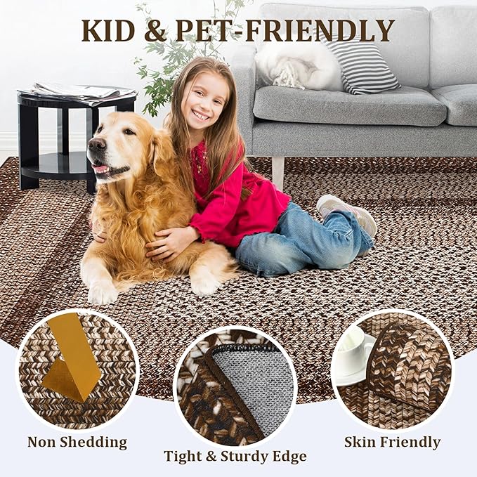 Printed Washable Area Rugs 5x7 Rug for Living Room Non Slip Modern Soft Area Rug for Bedroom Farmhouse Braided Throw Rugs Contemporary Stain Resistant Carpet for Dining Room 5'x7' Dark Brown