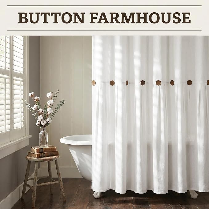 Farmhouse Shower Curtain Linen Button White 72" W x 72" L | Farmhouse Style, Chic Button, Striped, Linen Fabric, Rustic, Country, Natural Look, Washable, for Bathroom Bathtub