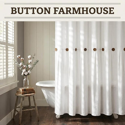 Farmhouse Shower Curtain Linen Button White 72" W x 72" L | Farmhouse Style, Chic Button, Striped, Linen Fabric, Rustic, Country, Natural Look, Washable, for Bathroom Bathtub