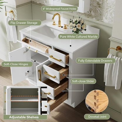 36-Inch Bathroom Vanity with Sink W/ 2 Doors & 4 Drawers & 1 Flip Drawer, White Vanity W/Brushed Gold Handles