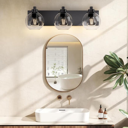 Bathroom Light Fixtures-Matte Black Vanity Lights for Bathroom, Modern Black Vanity Lights 3-Light Bathrooms Lighting Fixtures Over Mirror with Clear Glass Shade