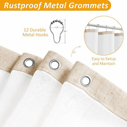 Linen Shower Curtain 84 Inches for Bathroom Natural Double Layer | 7ft, Curtains with Hook for Bathroom, Snap in Liner, Water Repellent, Boho Farmhouse, Modern Bath Decor, 1 Panel, 72x84