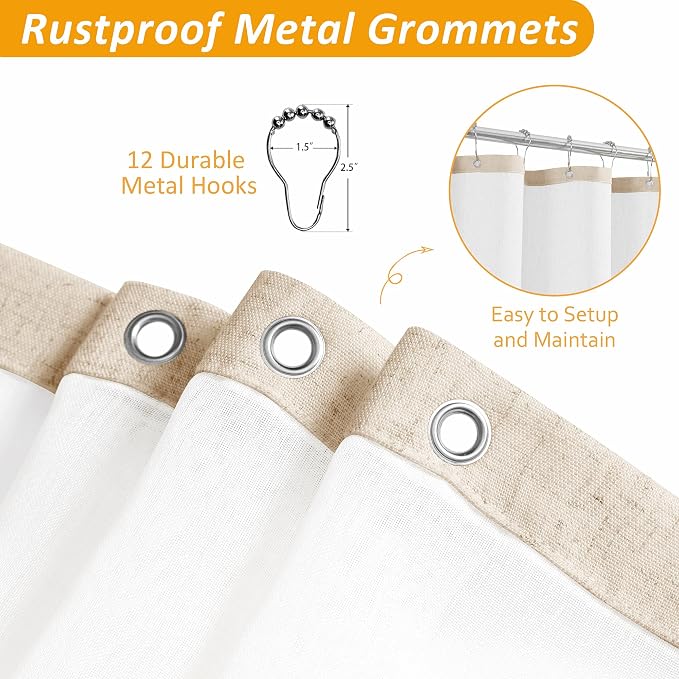 Linen Shower Curtain 78 Inches for Bathroom Natural Double Layer | Curtains with Hook, Snap in Liner, Water Repellent, Boho Farmhouse, Modern Bath Decor, 1 Panel, 72x78