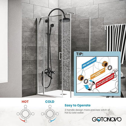 gotonovo Exposed Shower Faucet with Spout Matte Black,Curved Pipe | Brass Bathroom Exposed Shower System,8’’ Rain Head,Swivel Tub Spout 2 Cross Handle,Adjustable Handheld Sprayer,Wall Mount