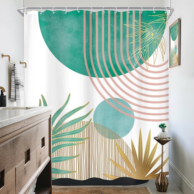 Mid Century Green Pink Boho Abstract Modern Bathroom Shower Curtain Set | 60Wx72L Plant design, waterproof HD print with fast-drying fabric and 12 hooks.