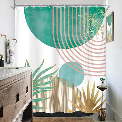 Mid Century Green Pink Boho Abstract Modern Bathroom Shower Curtain Set | 60Wx72L Plant design, waterproof HD print with fast-drying fabric and 12 hooks.
